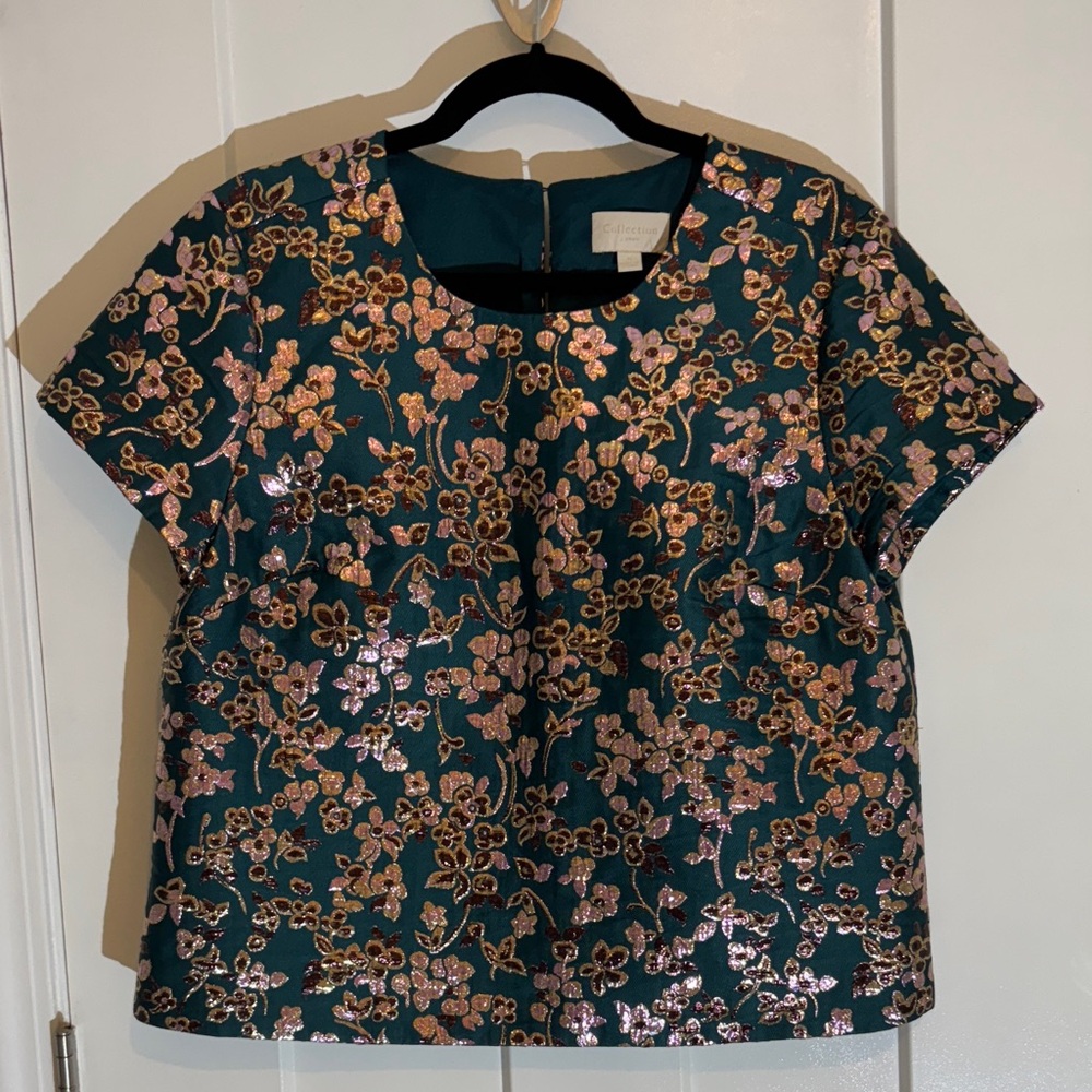 J. Crew Teal and Gold Floral Blouse